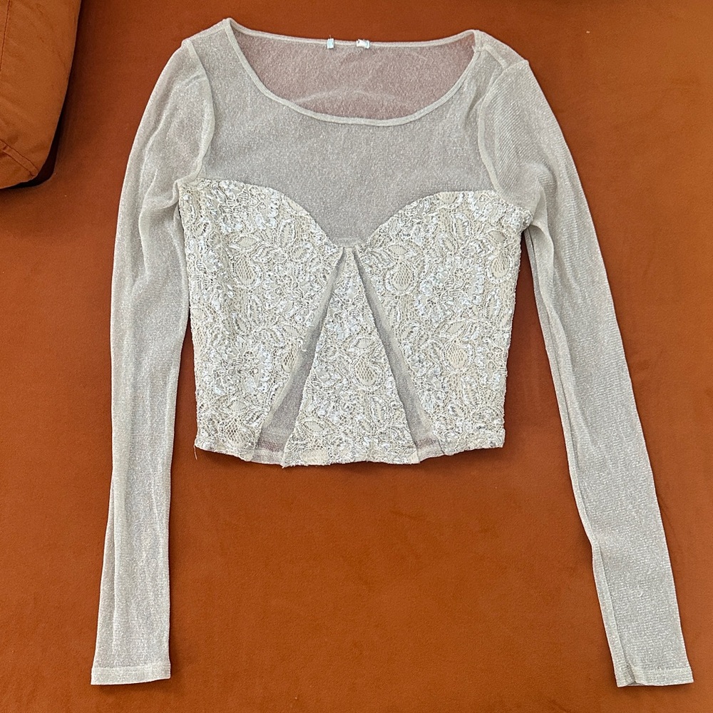 Holiday sequin mesh top